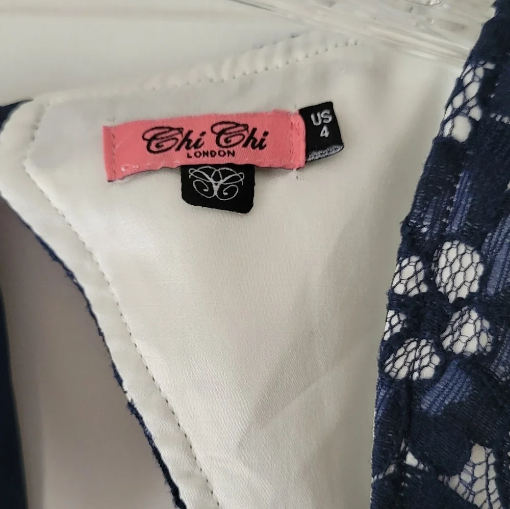 Pleated Cap Sleeved Blue White Lace Tulle Midi Cocktail Dress Size 4 - Picture 4 of 12